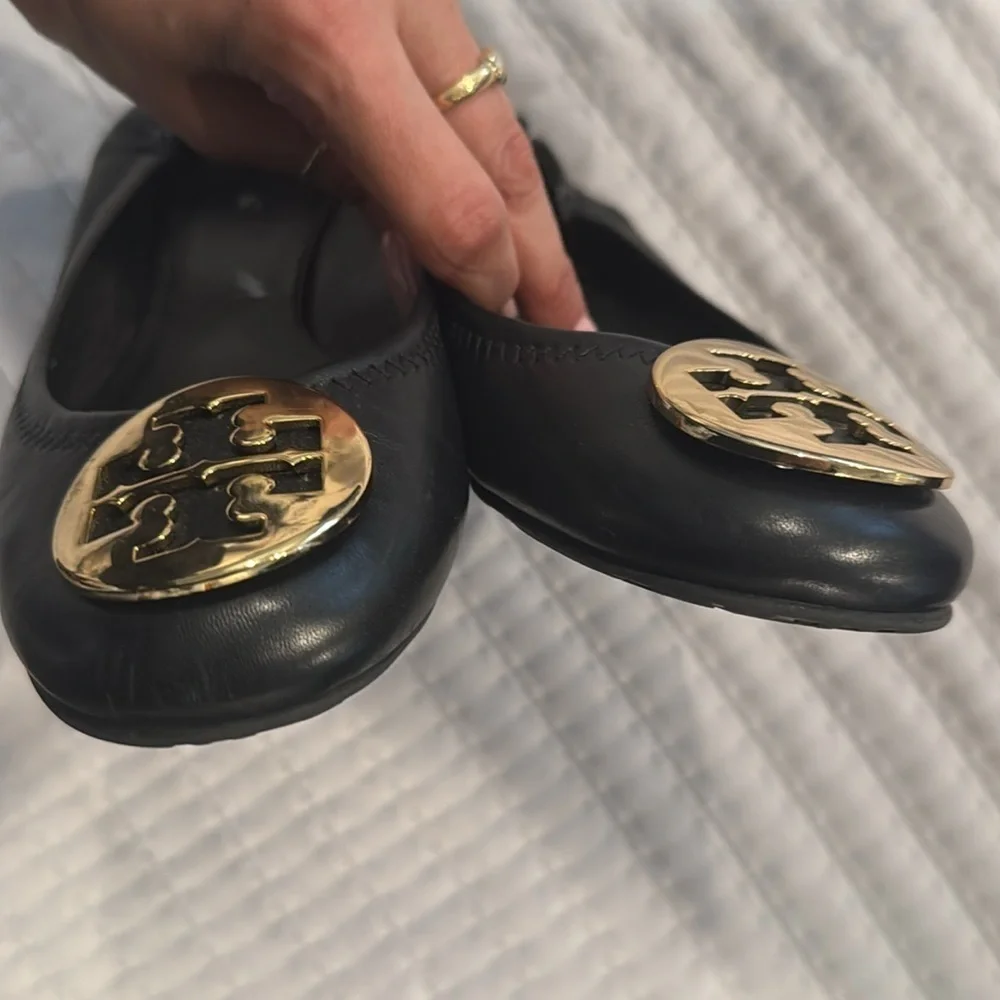 Tory Burch leather ballet flats- black with gold logo. Size 7 1/2